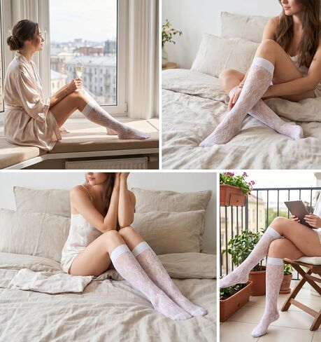 6 Pairs Lace Knee High Socks, Knee High Lace Socks for Women Fishnet Hollow, Breathable Nylon Mesh Lace Socks for Casual Outfits(Black White) in Kuwait