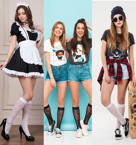 6 Pairs Lace Knee High Socks, Knee High Lace Socks for Women Fishnet Hollow, Breathable Nylon Mesh Lace Socks for Casual Outfits(Black White) in Kuwait
