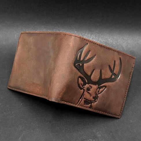 Deer Bifold Wallet for Men,Slim Profile Hunting Wallet Christmas Gift for Men,Genuine Leather short wallet in Saudi Arabia