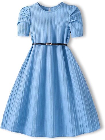 Girls Summer Dresses Blue Kid Short Puff Sleeve Flowy Dress with Belt Ruffle Fashion for 13-16 Y in Saudi Arabia