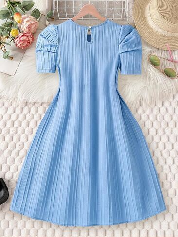Girls Summer Dresses Blue Kid Short Puff Sleeve Flowy Dress with Belt Ruffle Fashion for 13-16 Y in Saudi Arabia