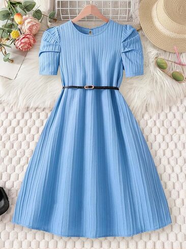 Girls Summer Dresses Blue Kid Short Puff Sleeve Flowy Dress with Belt Ruffle Fashion for 13-16 Y in Saudi Arabia