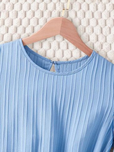 Girls Summer Dresses Blue Kid Short Puff Sleeve Flowy Dress with Belt Ruffle Fashion for 13-16 Y in Saudi Arabia