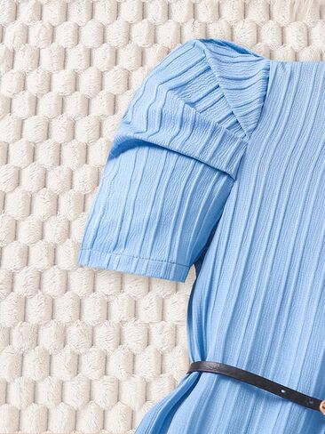 Girls Summer Dresses Blue Kid Short Puff Sleeve Flowy Dress with Belt Ruffle Fashion for 13-16 Y in Saudi Arabia