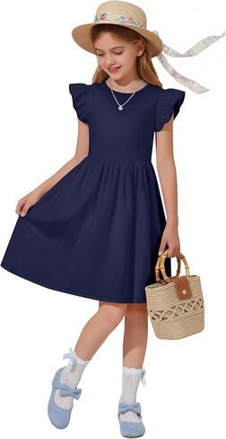 Girls Ruffle Sleeve Dress Crew Neck Flutter Sleeve Sundress a Line Loose Fit Summer Casual Cute Outfit for 5-14 Y in Kuwait