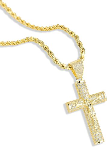 14K Gold-Plated Miami Chain Cross Necklace for Men with Luxury Gift Box, Jesus Christ Crucifix Pendant, Christian Religious Jewelry, 24 Inch, 6mm in Saudi Arabia