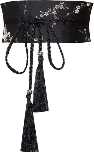 ZooBoo Chinese Satin Embroidered Waist Belt–Hanfu Tassel Waist Cincher Traditional Floral Brocade Obi Sash for Women in Kuwait