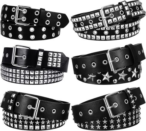 6Pcs Studded Belt Set for Men & Women - Punk Gothic Rivet Faux Leather Belts with Double Grommet, Square Studs, Small & Large Star Designs Adjustable Waist Belt for Jeans Costume Party Gift in Saudi Arabia