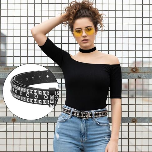 6Pcs Studded Belt Set for Men & Women - Punk Gothic Rivet Faux Leather Belts with Double Grommet, Square Studs, Small & Large Star Designs Adjustable Waist Belt for Jeans Costume Party Gift in Saudi Arabia
