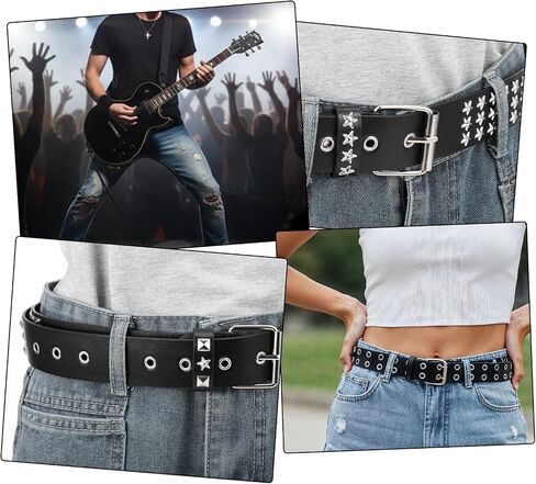 6Pcs Studded Belt Set for Men & Women - Punk Gothic Rivet Faux Leather Belts with Double Grommet, Square Studs, Small & Large Star Designs Adjustable Waist Belt for Jeans Costume Party Gift in Saudi Arabia