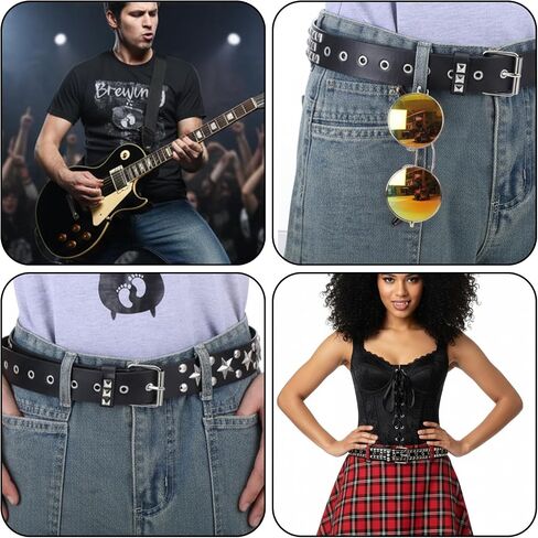 6Pcs Studded Belt Set for Men & Women - Punk Gothic Rivet Faux Leather Belts with Double Grommet, Square Studs, Small & Large Star Designs Adjustable Waist Belt for Jeans Costume Party Gift in Saudi Arabia