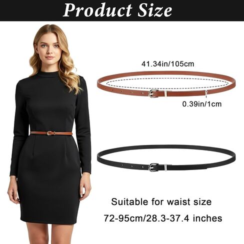 Bremorou 2Pcs Skinny Belt Women, Thin Dress Belts For Women, Black Belt With Gold Buckle, Thin Faux Leather Belts, Western Retro Elegant Elastic Waist Accessory for Jeans Dress, 41.34 × 0.39 inches in Kuwait