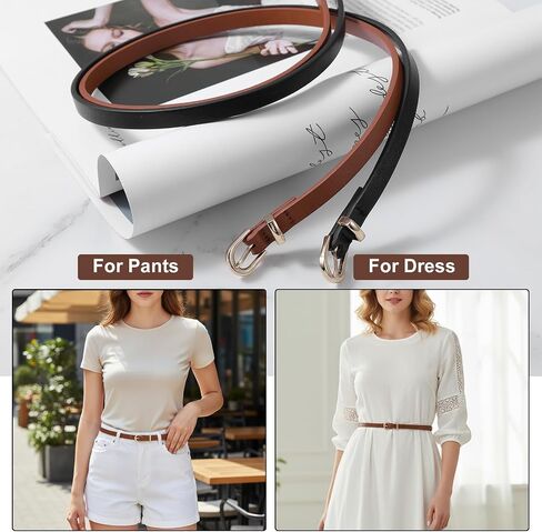 Bremorou 2Pcs Skinny Belt Women, Thin Dress Belts For Women, Black Belt With Gold Buckle, Thin Faux Leather Belts, Western Retro Elegant Elastic Waist Accessory for Jeans Dress, 41.34 × 0.39 inches in Kuwait
