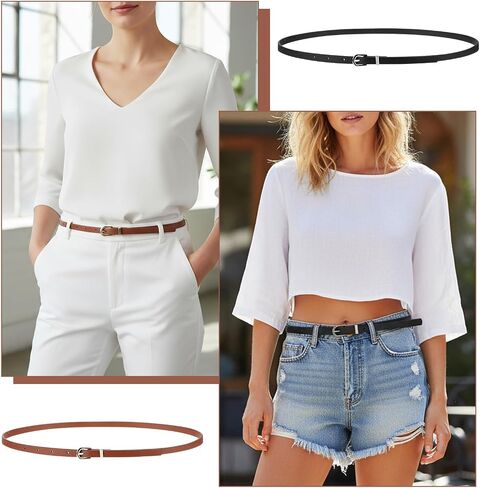 Bremorou 2Pcs Skinny Belt Women, Thin Dress Belts For Women, Black Belt With Gold Buckle, Thin Faux Leather Belts, Western Retro Elegant Elastic Waist Accessory for Jeans Dress, 41.34 × 0.39 inches in Kuwait