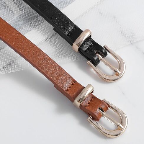 Bremorou 2Pcs Skinny Belt Women, Thin Dress Belts For Women, Black Belt With Gold Buckle, Thin Faux Leather Belts, Western Retro Elegant Elastic Waist Accessory for Jeans Dress, 41.34 × 0.39 inches in Kuwait