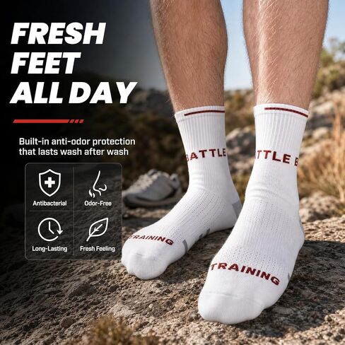 6 Pairs Men's Cotton Crew Work Socks, Moisture Wicking Hiking Running Socks, Anti-Blister Seamless Toe & Breathable Mesh, Durable Athletic Performance for Workout & Marathon in Saudi Arabia