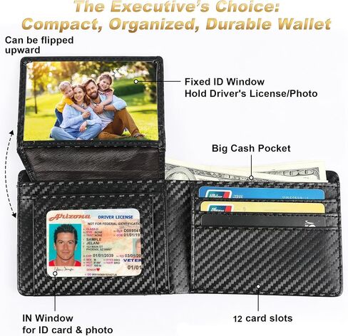 Wallet for Men, Large Capacity RFID Blocking Bifold Wallet with Carbon Fiber Pattern, Flip-Up Photo Window, Big Cash Pocket, ID Window and 12 Card Slots in Saudi Arabia