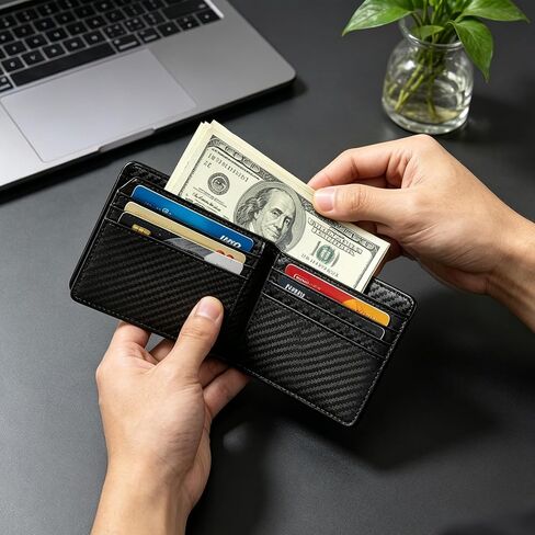 Wallet for Men, Large Capacity RFID Blocking Bifold Wallet with Carbon Fiber Pattern, Flip-Up Photo Window, Big Cash Pocket, ID Window and 12 Card Slots in Saudi Arabia