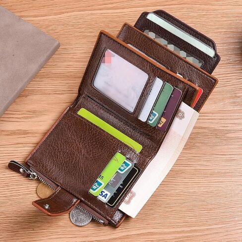 محفظة كلاسيكية للرجال من RFID - محفظة للسرقة مع جيب للعملات المعدنية بسحاب، 14 حامل بطاقة، بني in Kuwait