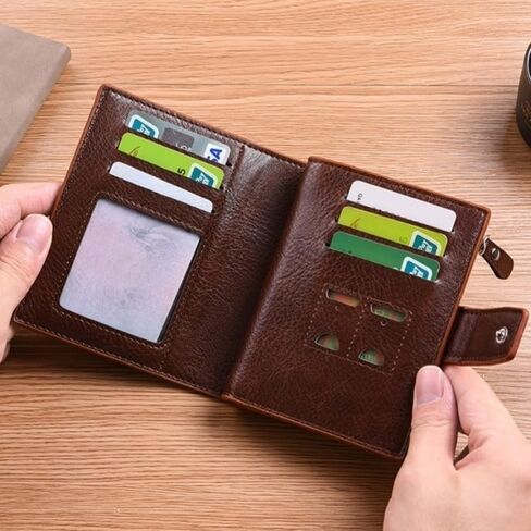 محفظة كلاسيكية للرجال من RFID - محفظة للسرقة مع جيب للعملات المعدنية بسحاب، 14 حامل بطاقة، بني in Kuwait