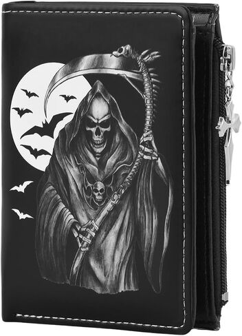 Skull Punk Goth Wallet For Men Leather Wallet With Skull Bifold ID Window Wallets with Zipper Coin Pocke Christmas Birthday Halloween Gifts (Black) in Saudi Arabia