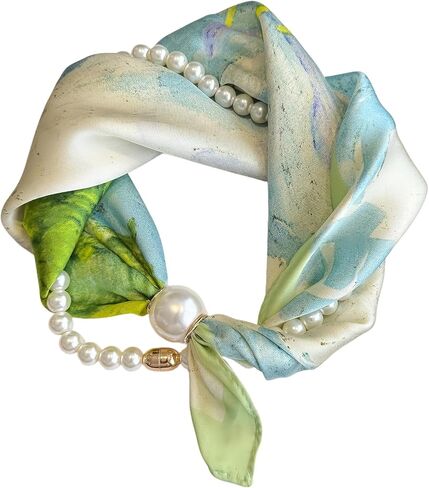 Women's Magnetic Silk Necklace Scarf with Pearl Chain, Watercolor Satin Square Bandana, Blue Green Preppy Aesthetic Necktie for Spring Summer in Saudi Arabia