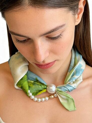 Women's Magnetic Silk Necklace Scarf with Pearl Chain, Watercolor Satin Square Bandana, Blue Green Preppy Aesthetic Necktie for Spring Summer in Saudi Arabia