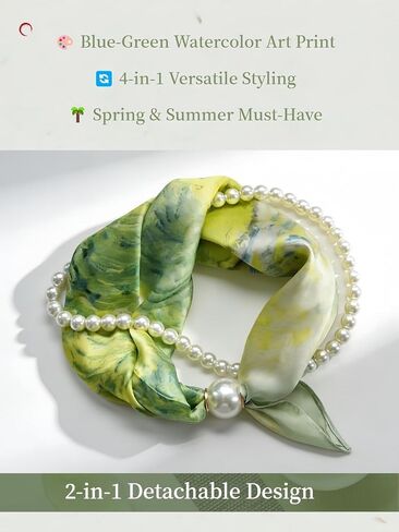 Women's Magnetic Silk Necklace Scarf with Pearl Chain, Watercolor Satin Square Bandana, Blue Green Preppy Aesthetic Necktie for Spring Summer in Saudi Arabia