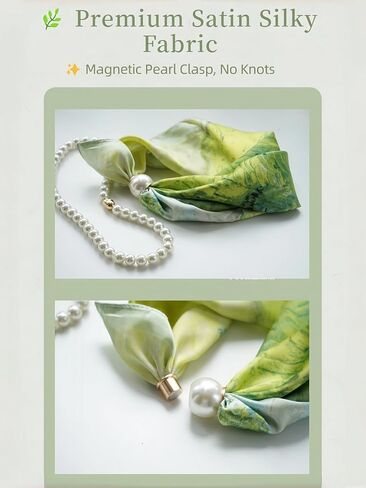 Women's Magnetic Silk Necklace Scarf with Pearl Chain, Watercolor Satin Square Bandana, Blue Green Preppy Aesthetic Necktie for Spring Summer in Saudi Arabia
