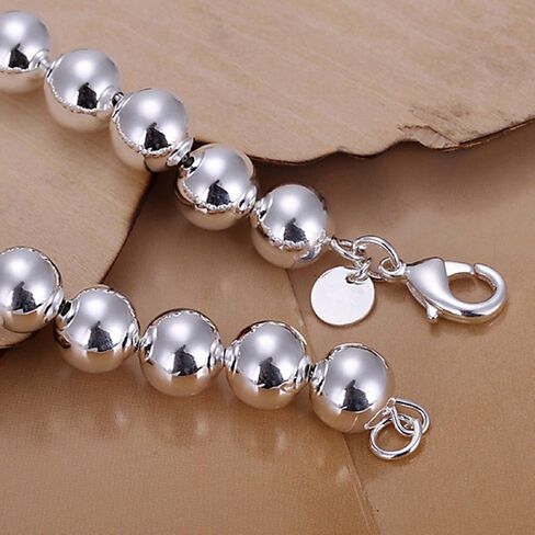 [Mother's Day Special] 925 Sterling Silver Plated Round Beads Chain Bracelet Bangle (10mm) in Saudi Arabia