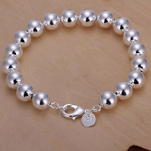 [Mother's Day Special] 925 Sterling Silver Plated Round Beads Chain Bracelet Bangle (10mm) in Saudi Arabia