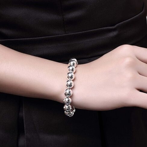 [Mother's Day Special] 925 Sterling Silver Plated Round Beads Chain Bracelet Bangle (10mm) in Saudi Arabia