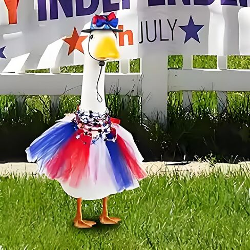 4th of July Outfits for Porch Goose Statue 3pcs Patriotic Tulle Dress Hat Star Necklace Set for 23inch Lawn Goose Outdoor Decoration (Red, One Size) in Saudi Arabia