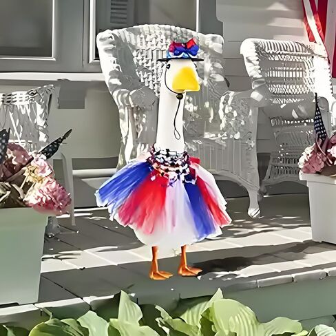 4th of July Outfits for Porch Goose Statue 3pcs Patriotic Tulle Dress Hat Star Necklace Set for 23inch Lawn Goose Outdoor Decoration (Red, One Size) in Saudi Arabia
