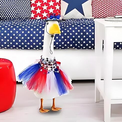 4th of July Outfits for Porch Goose Statue 3pcs Patriotic Tulle Dress Hat Star Necklace Set for 23inch Lawn Goose Outdoor Decoration (Red, One Size) in Saudi Arabia