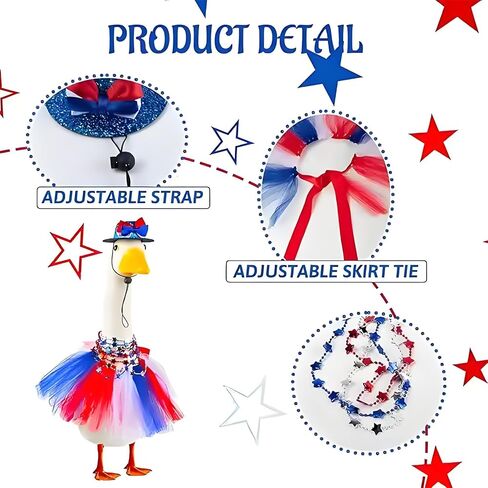 4th of July Outfits for Porch Goose Statue 3pcs Patriotic Tulle Dress Hat Star Necklace Set for 23inch Lawn Goose Outdoor Decoration (Red, One Size) in Saudi Arabia