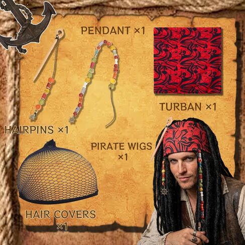 Pirate Captain Dreadlock Wig Set - Pirate Accessories with Bandana and Braid Beads, Halloween Cosplay Accessories in Saudi Arabia