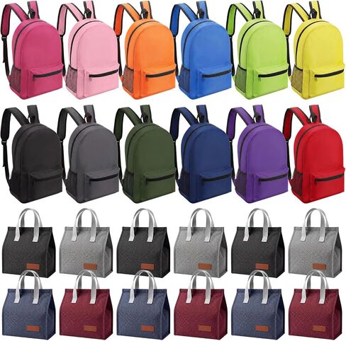 24 Pcs 17" Backpack and Lunch Bag Set, Bulk Backpacks Reusable Insulated Lunch Pouches for Office, Summer Camping, Travel, Gym, Corporate Events, Homeless Donation, 12 Assorted Colors in Saudi Arabia