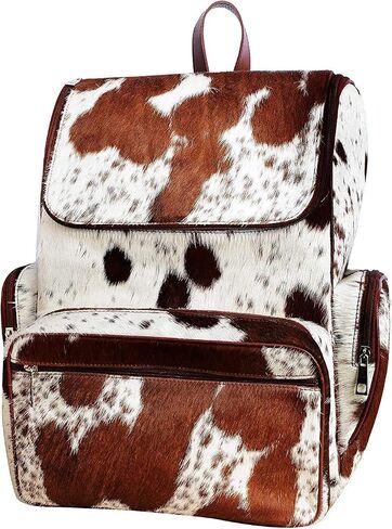 SpazeUp diaper bag - Cowhide Backpack Hair On Brown and White Knapsack Travel Shoulder Bag Dark Brown & White in Saudi Arabia