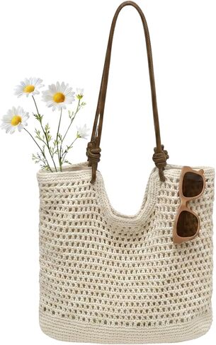 JANSBEN Handwoven Crochet Beach Bag for Women Cotton Rope Summer Woven Tote with Faux Leather Handles in Saudi Arabia