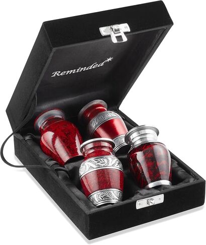 Reminded Small Cremation Keepsake Urns for Human Ashes, Set of 4 Red and Silver Miniature Urns with Velvet Case and Bags in Saudi Arabia