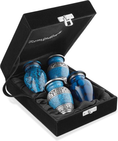 Reminded Small Cremation Keepsake Urns for Human Ashes, Set of 4 Red and Silver Miniature Urns with Velvet Case and Bags in Saudi Arabia
