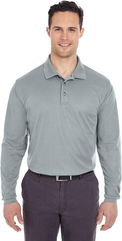 UltraClub Adult Cool & Dry Long-Sleeve Mesh Piqué Polo L SILVER in Saudi Arabia