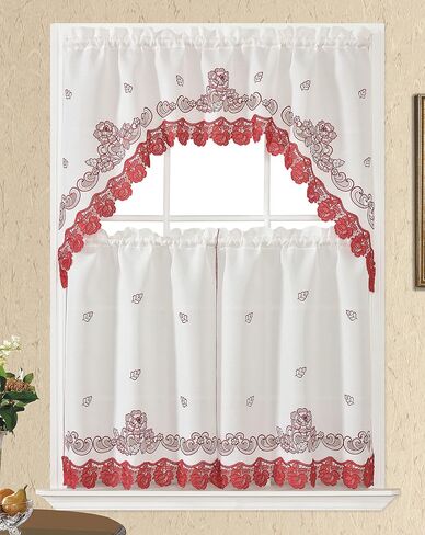 GOHD Lace Rosarium Kitchen Curtains, 3PCS Kitchen Curtains and Valances Set, Elegant White Fabric with Rose Embroidery and Lace. (Red, Swag and 34 inches Tiers Set) in Kuwait