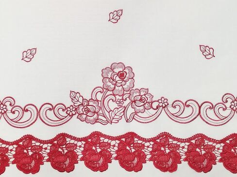 GOHD Lace Rosarium Kitchen Curtains, 3PCS Kitchen Curtains and Valances Set, Elegant White Fabric with Rose Embroidery and Lace. (Red, Swag and 34 inches Tiers Set) in Kuwait