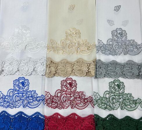 GOHD Lace Rosarium Kitchen Curtains, 3PCS Kitchen Curtains and Valances Set, Elegant White Fabric with Rose Embroidery and Lace. (Red, Swag and 34 inches Tiers Set) in Kuwait