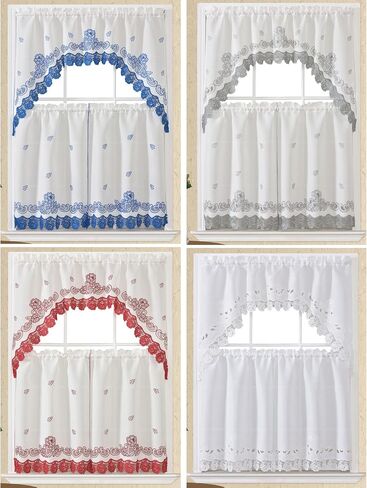 GOHD Lace Rosarium Kitchen Curtains, 3PCS Kitchen Curtains and Valances Set, Elegant White Fabric with Rose Embroidery and Lace. (Red, Swag and 34 inches Tiers Set) in Kuwait