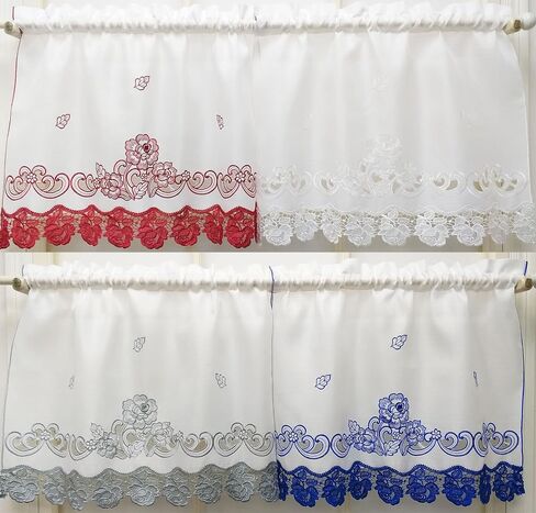 GOHD Lace Rosarium Kitchen Curtains, 3PCS Kitchen Curtains and Valances Set, Elegant White Fabric with Rose Embroidery and Lace. (Red, Swag and 34 inches Tiers Set) in Kuwait