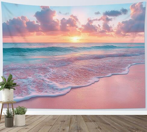 HVEST Pink Ocean Tapestry for Bedroom, Tropical Ocean Beach Pictures Wall Decor Summer Sunset Nature Landscape Tapestry Wall Hanging for Living Room Dorm Party Wall Art Backdrop, 60W X 40H inches in Kuwait