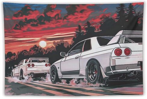 QEOPGNE Japanese R32 Sport Car Tapestry Anime Retrowave Car Wall Art Jdm Racing Car Wall Decor Car Room Decor for Man Cave Garage Office Dormitory Bedroom Wall Hanging Tapestries 40"x60" in Saudi Arabia